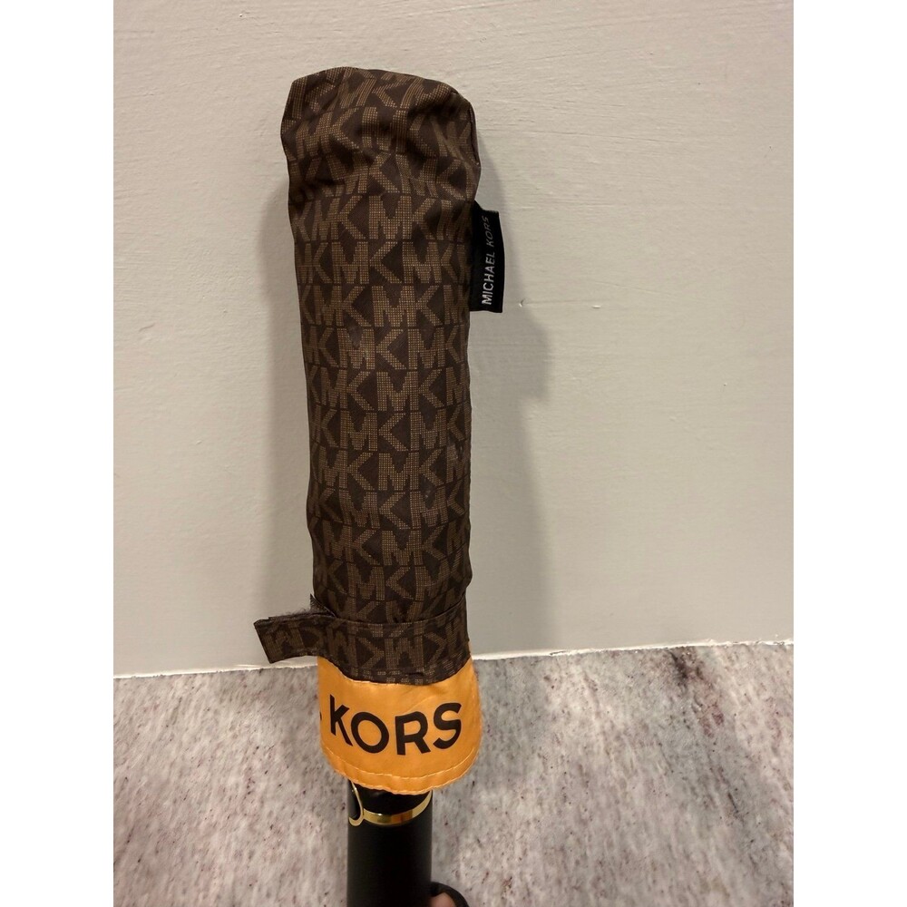 Michael Kors Brown Signature MK Logo Folding Umbrella Gold Details
